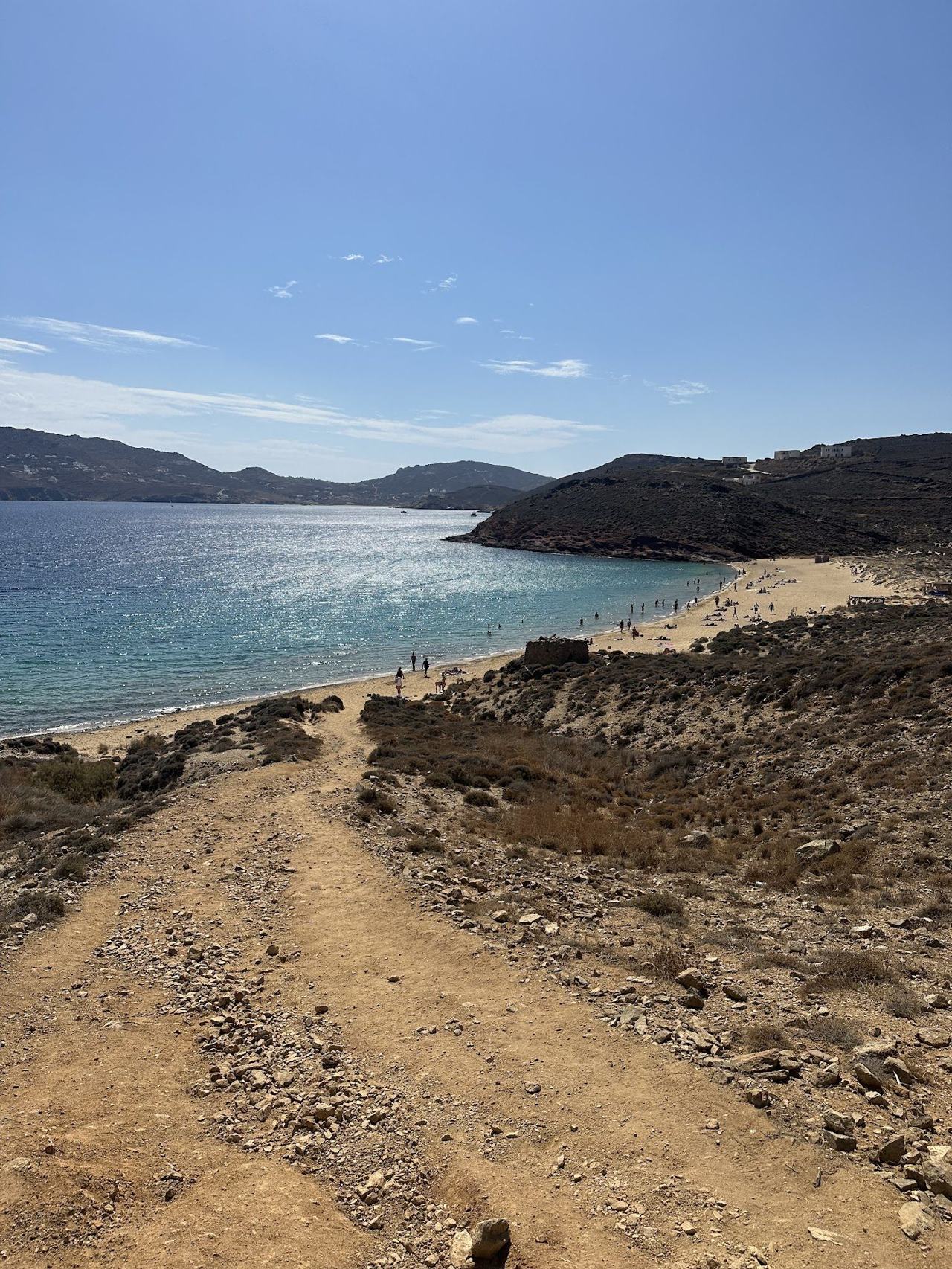 The wild unorganised sand of Agios Sostis Beach on the rugged north coast of Mykonos