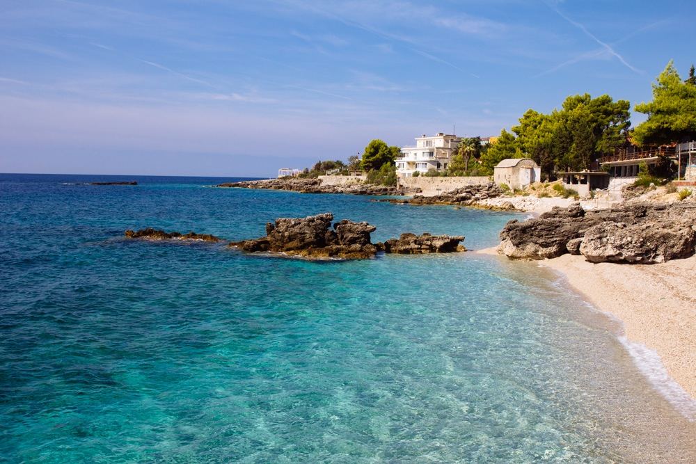 Beach bars and day beds along the Dhermi and Drymades coast on the Albanian Riviera