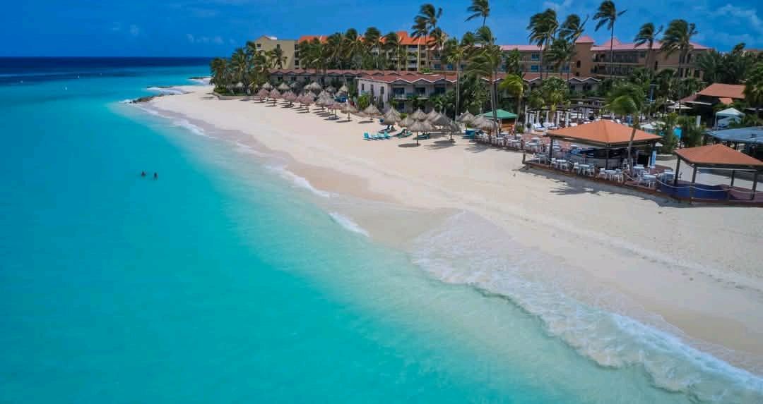 Gentle clear water lapping the soft sand of Druif Beach on the low rise coast of Aruba