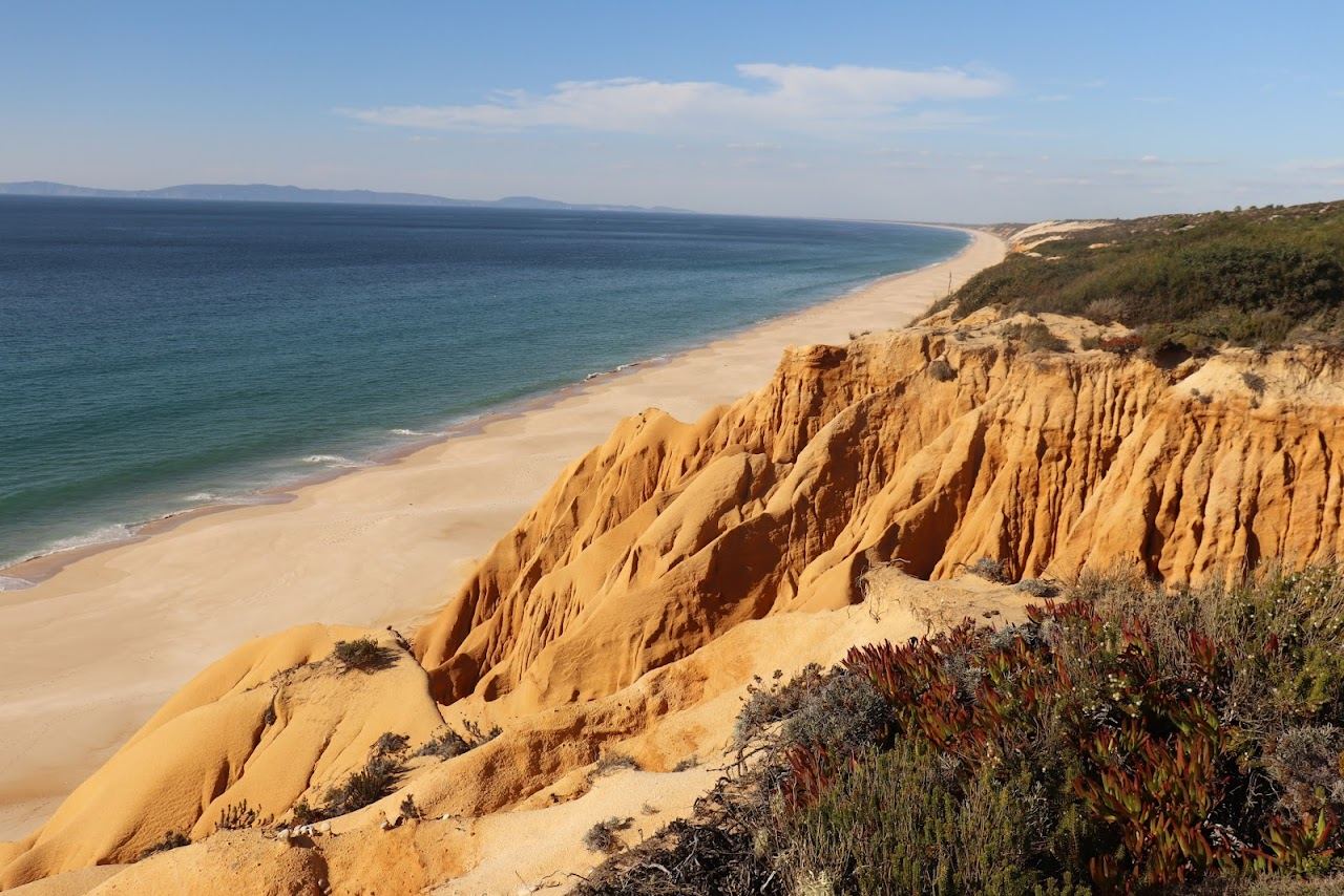 Native grasses and tall dunes above the empty sand at Praia do Pinheirinho near Comporta