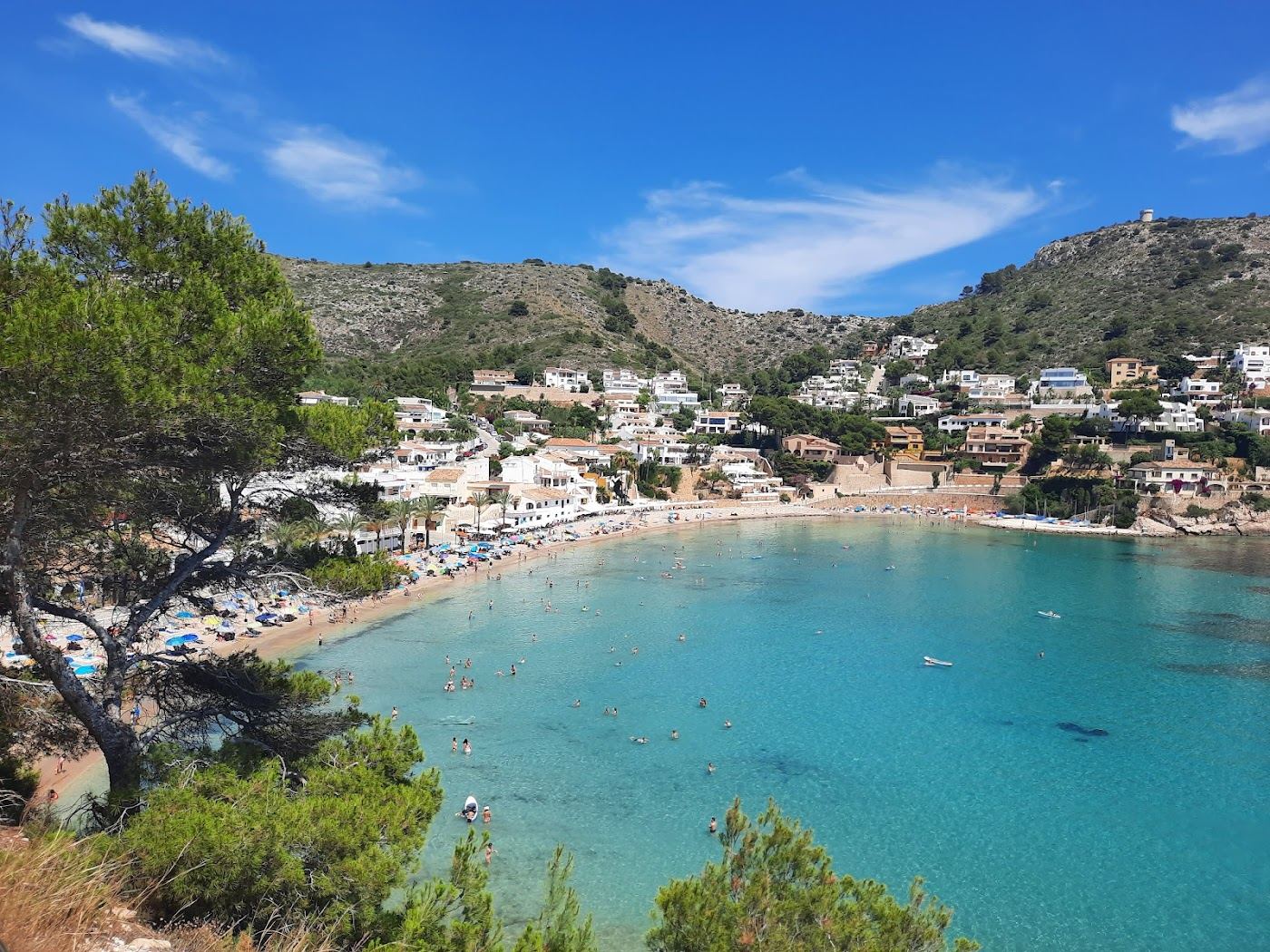 A romantic cove with clear water and pine cliffs at dusk on the Costa Blanca