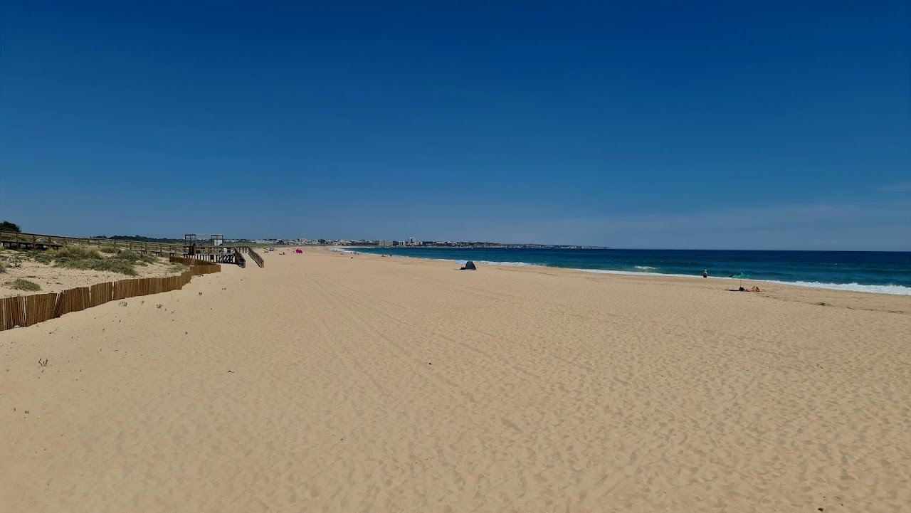 A long golden beach below cliffs near the cafes of Lagos at Meia Praia in the Algarve