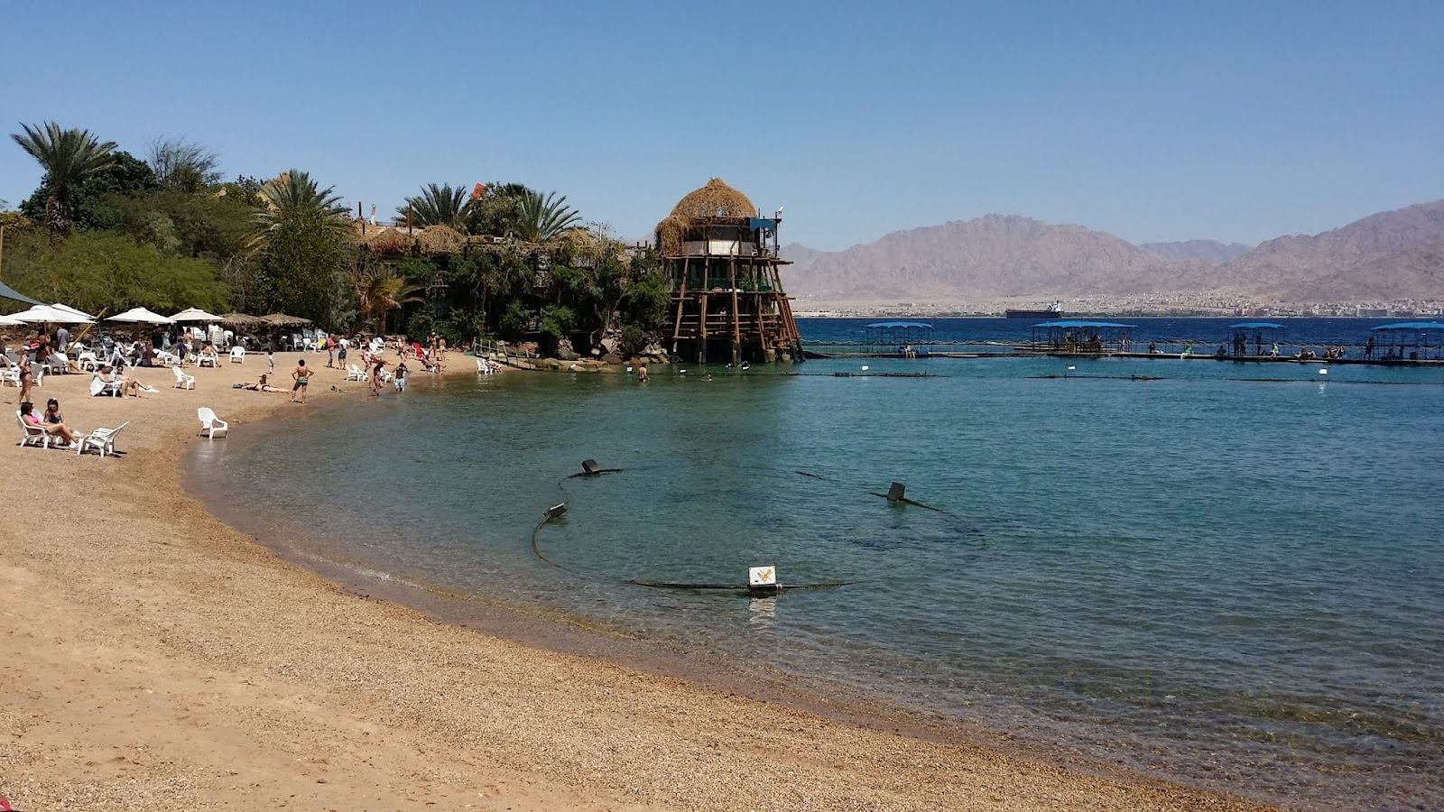 The sheltered bay and piers at Dolphin Reef in Eilat