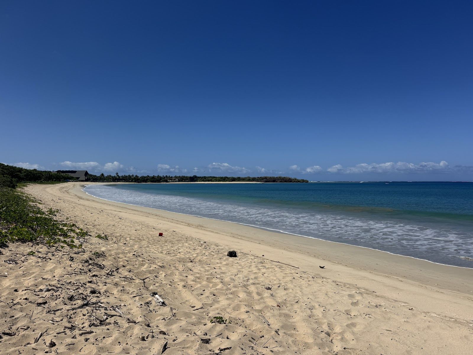 White sand, palms and soft coral reef water at an island beach in Fiji