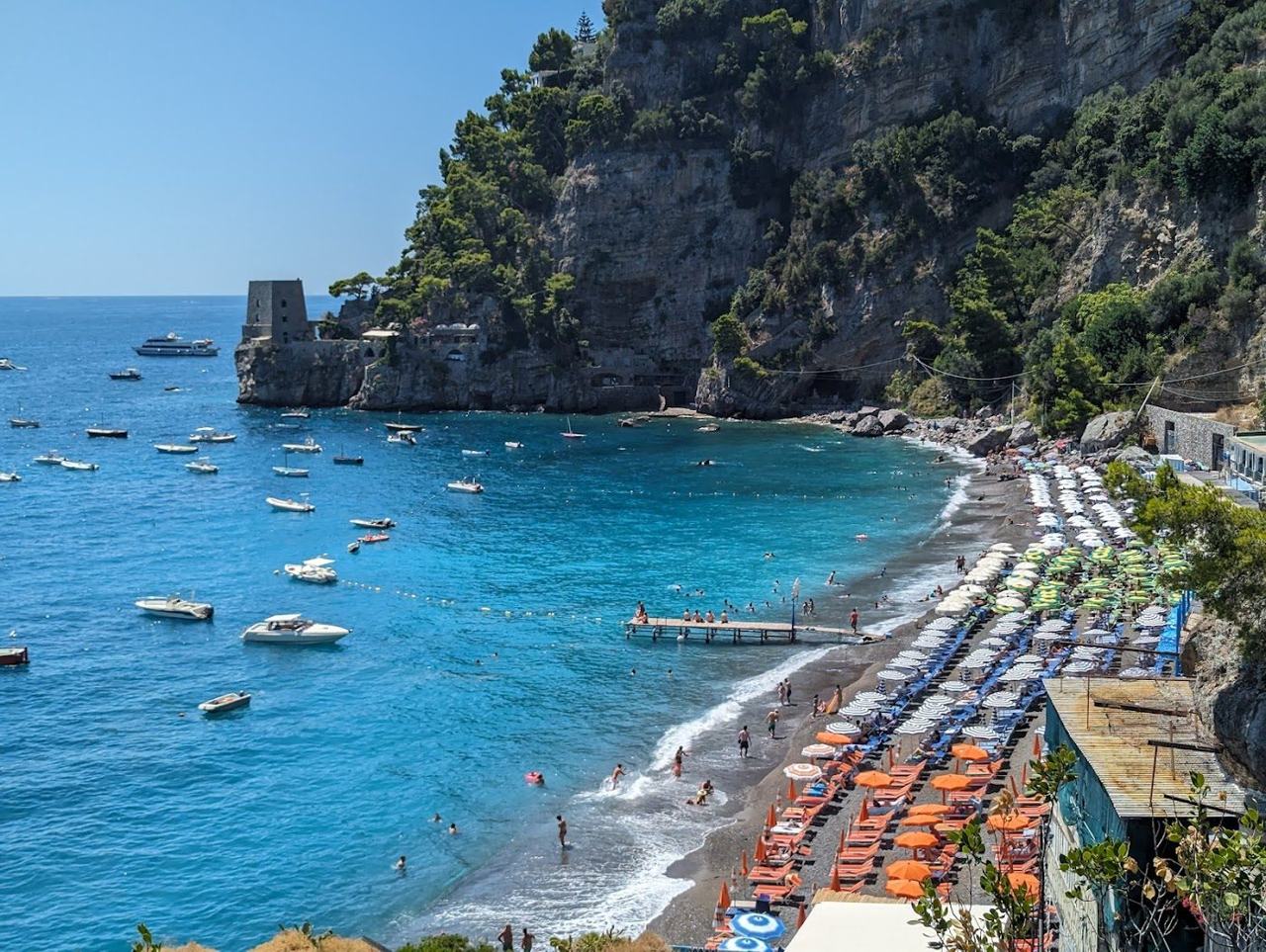 Fornillo beach at Positano below the cliffs and watchtower