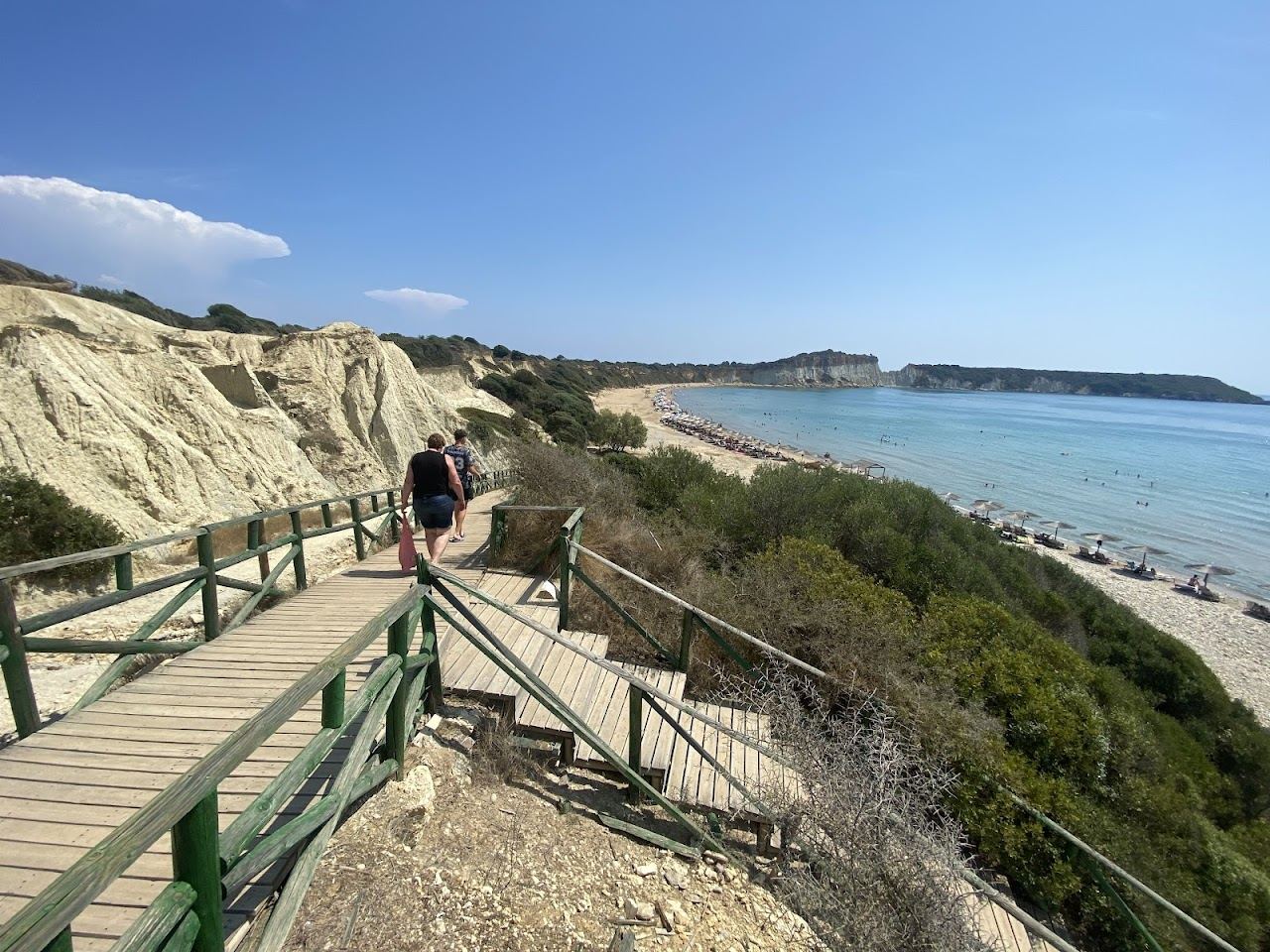 Soft golden sand and calm clear water backed by sculpted clay cliffs at Gerakas beach on the Vassilikos peninsula of Zakynthos