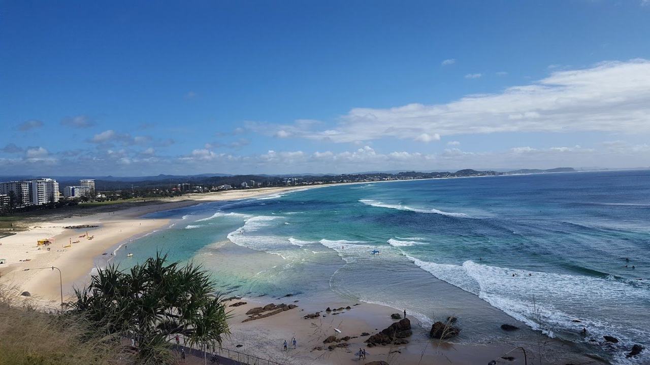 The point and patrolled golden sand at Kirra on the southern Gold Coast