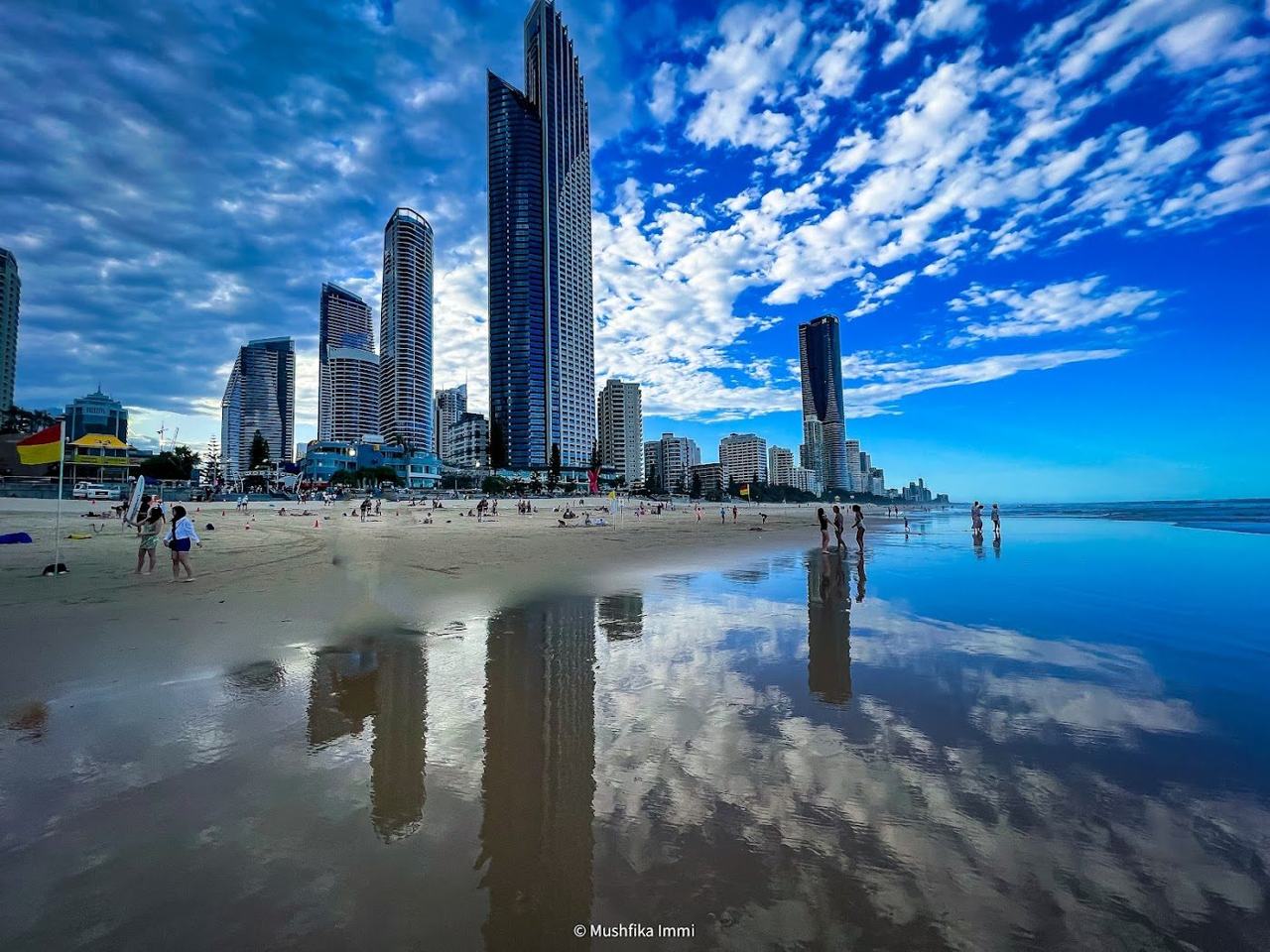 The high rise skyline behind the wide sand of Surfers Paradise on the Gold Coast Queensland
