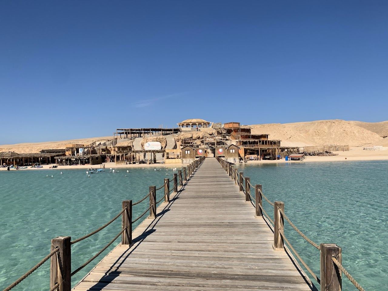 The bright white sandbank and shallow turquoise water of the Orange Bay beach club on Giftun Island near Hurghada