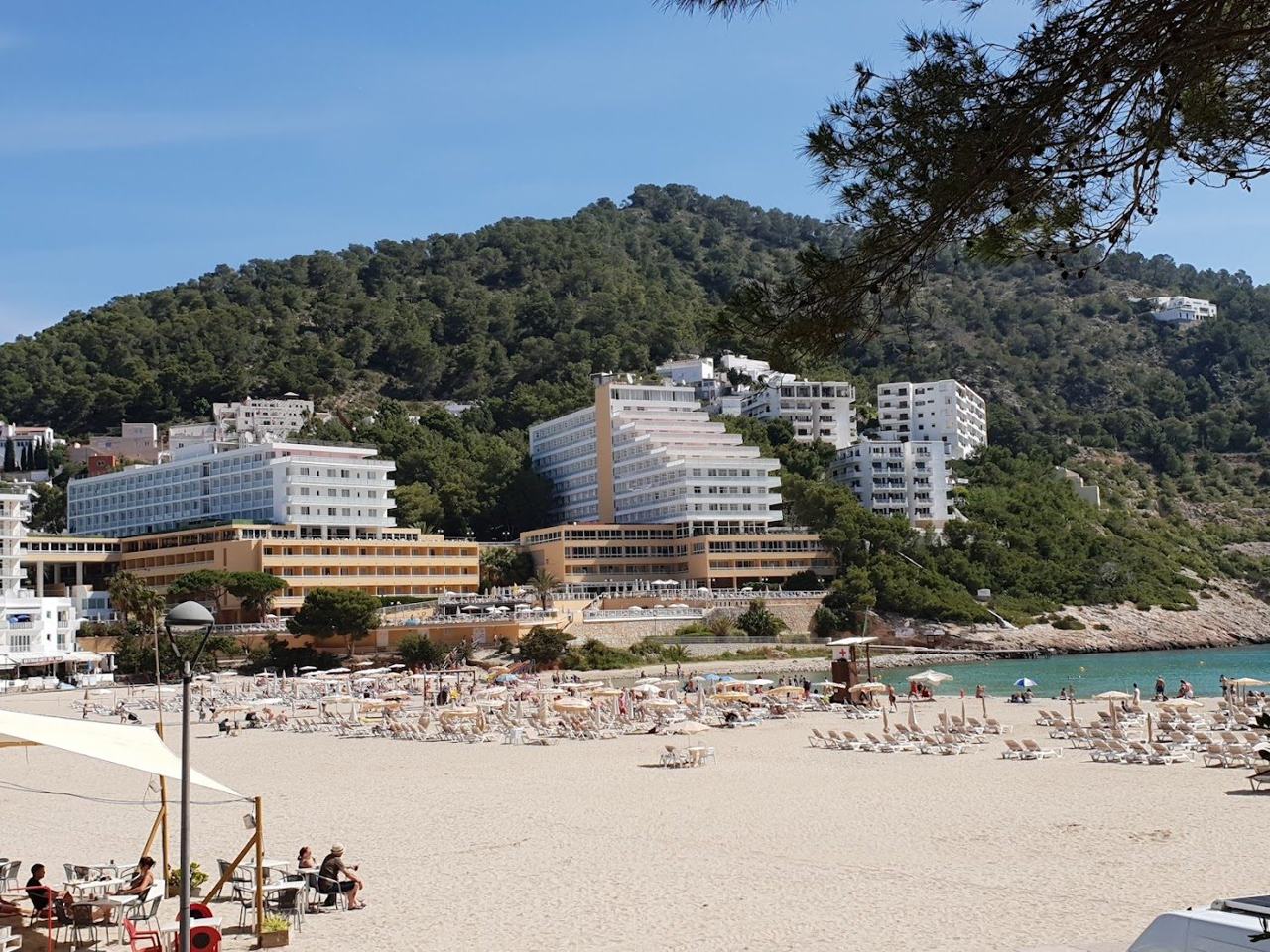 Calm clear water in the sheltered bay at Cala Llonga on the east coast of Ibiza