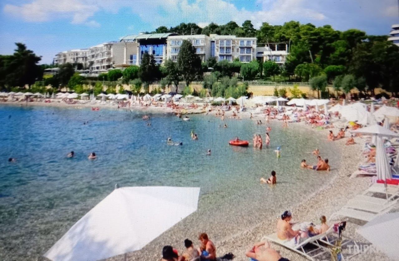 The polished landscaped cove of Mulini beach beside Rovinj old town in Istria, a romantic swim for couples