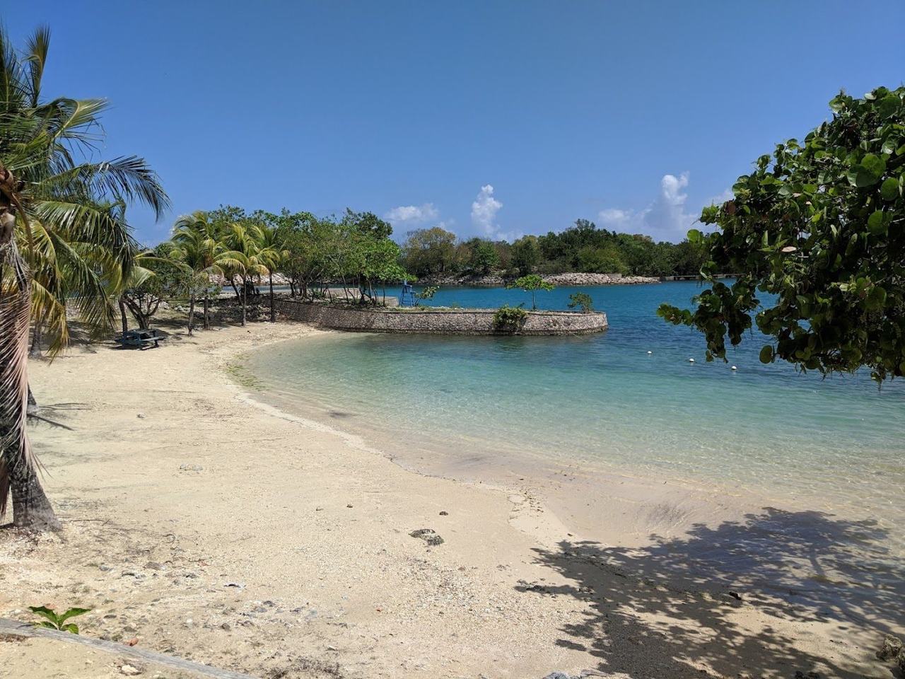 James Bond Beach Oracabessa Jamaica calm clear water and a green peninsula of white sand near GoldenEye