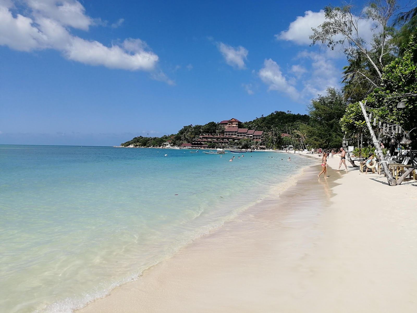 Pale sand and clear shallow water on a quiet white sand beach in northern Koh Phangan