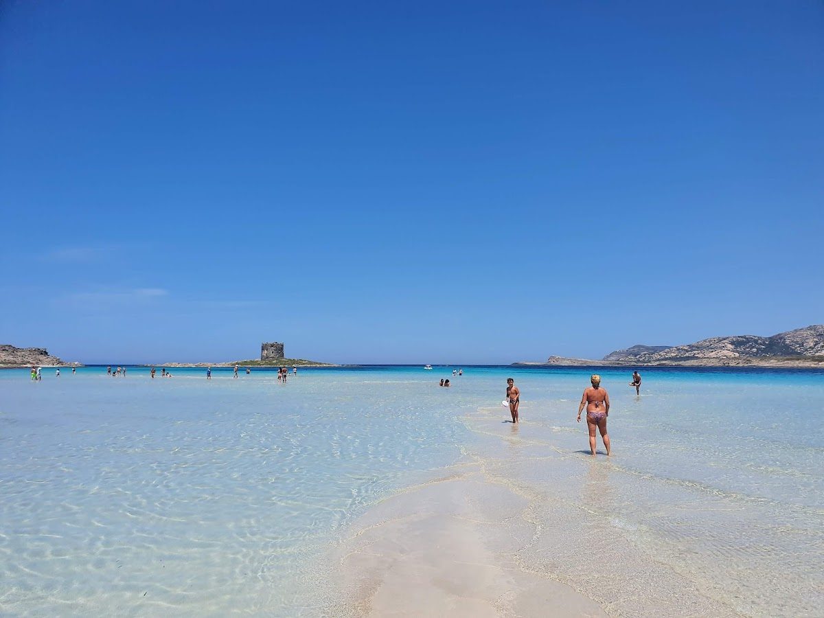 Pale sand and clear turquoise shallows on a beach in Sardinia.