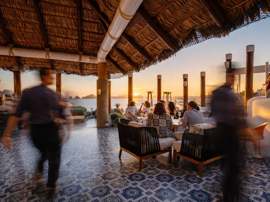 Cliffside terrace with bay views at Sunset Monalisa restaurant above Monuments Beach in Cabo San Lucas