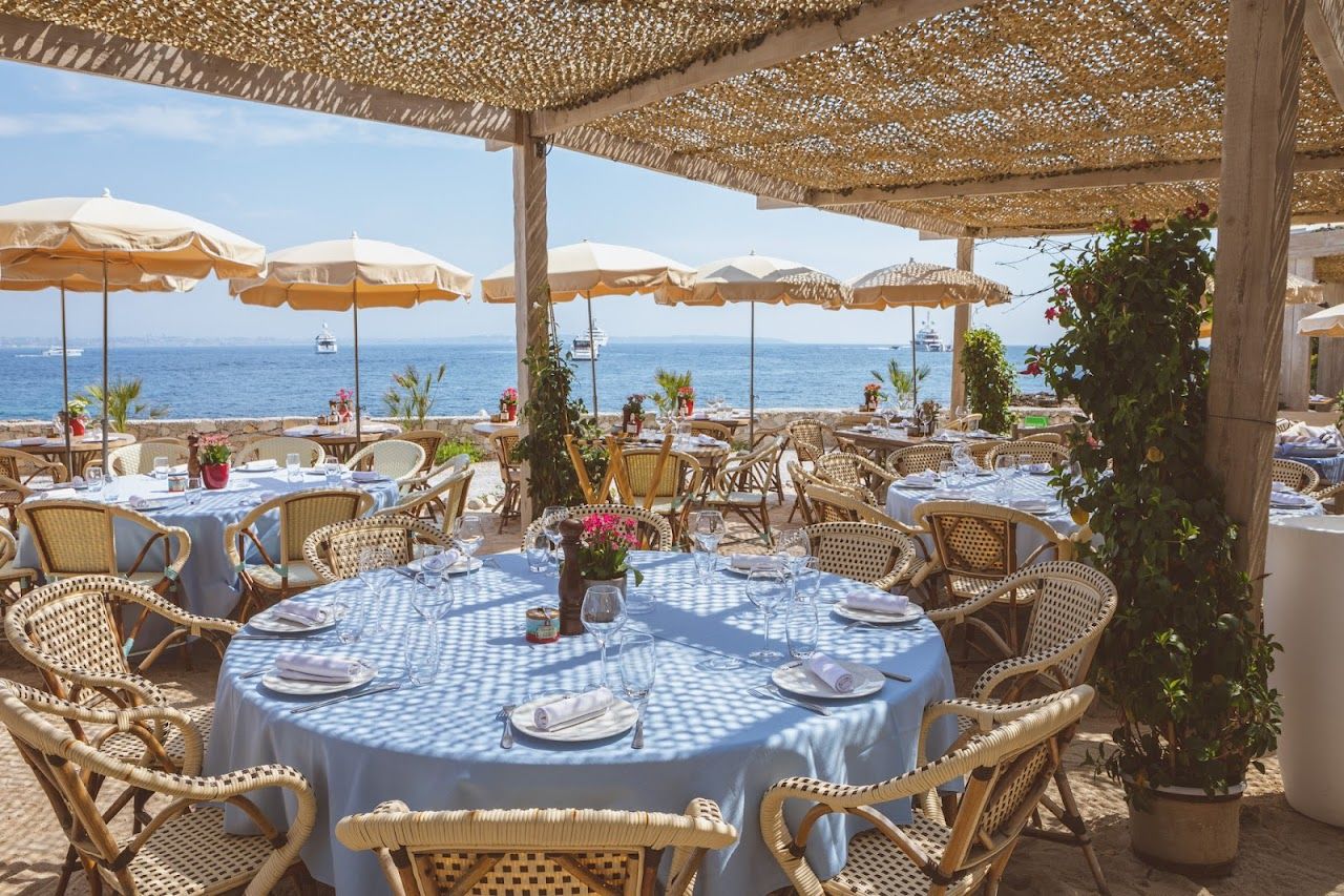 Blue parasols and clear water at La Guerite on the island off Cannes