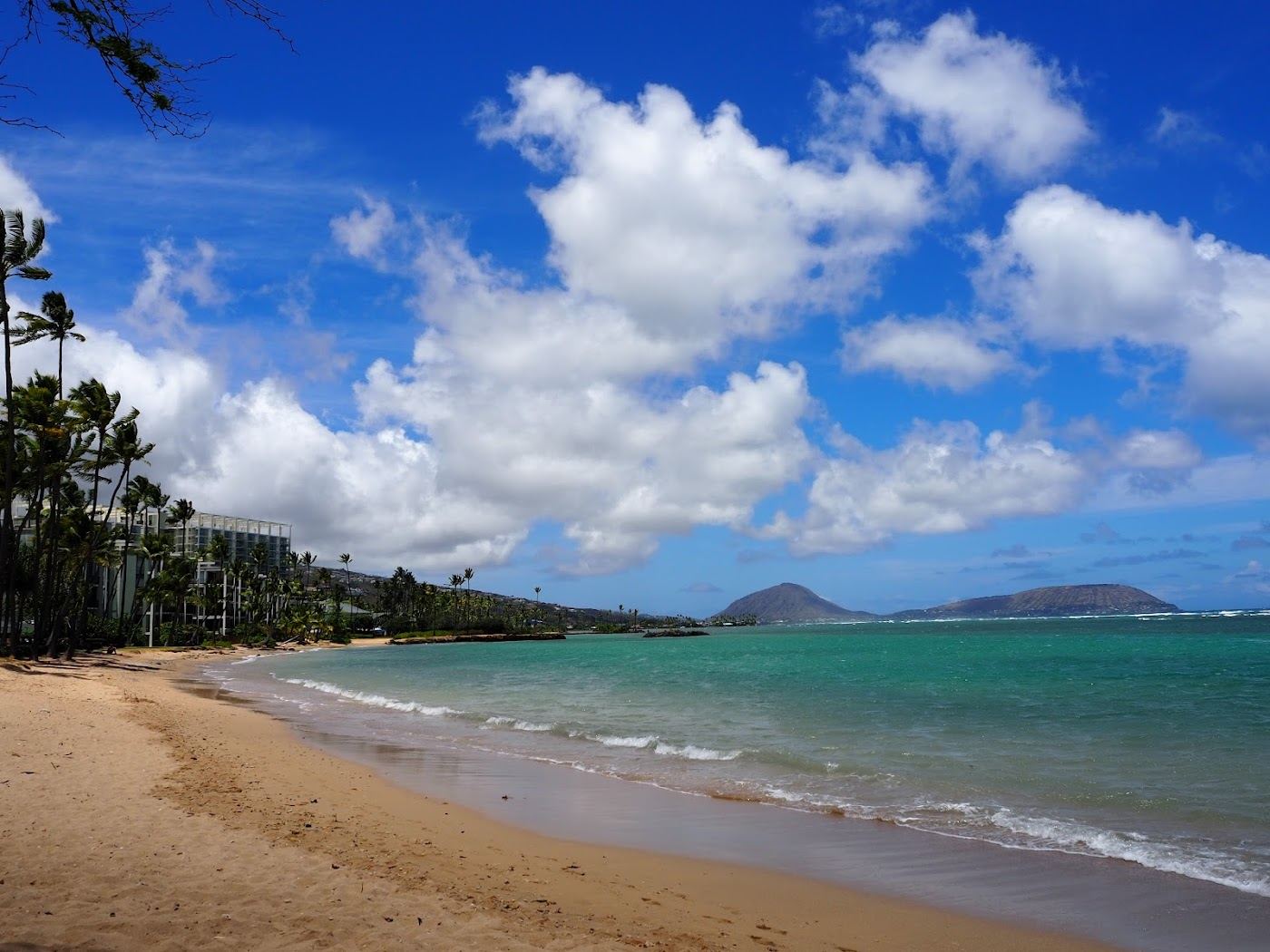 Quiet sand and palms at Kahala Beach on Oahu
