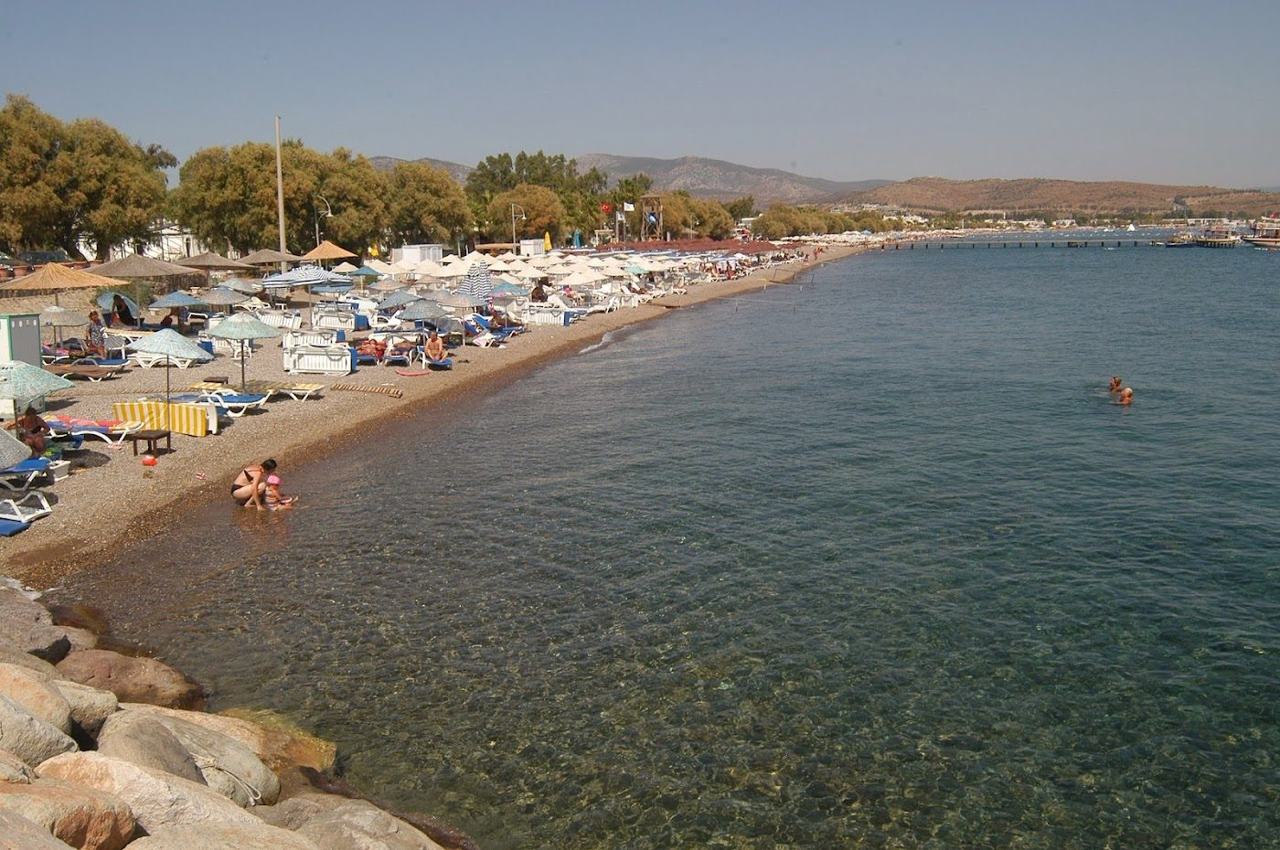 Ortakent Yahsi long sandy beach on the Bodrum peninsula in Turkey
