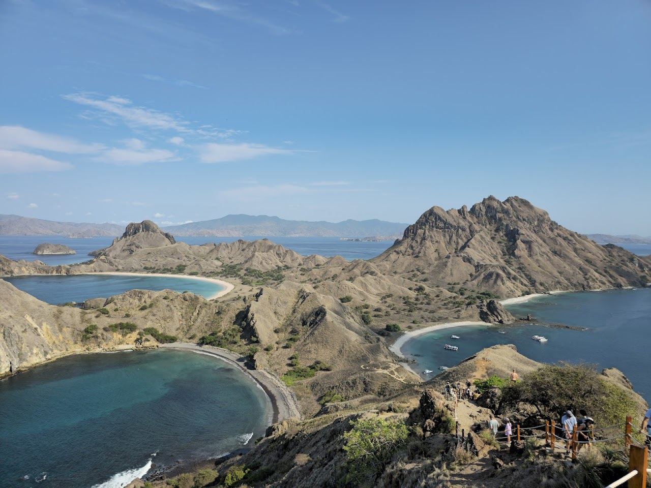 Three curving bays seen from the ridge climb on Padar Island near Labuan Bajo