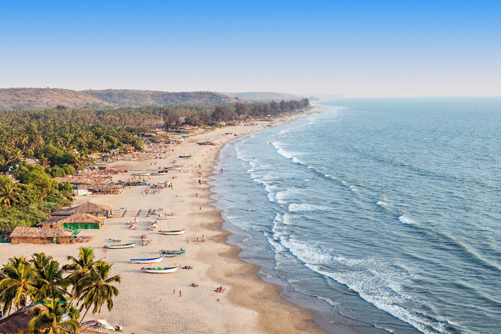 The crescent bay of Palolem Beach fringed with palms in south Goa