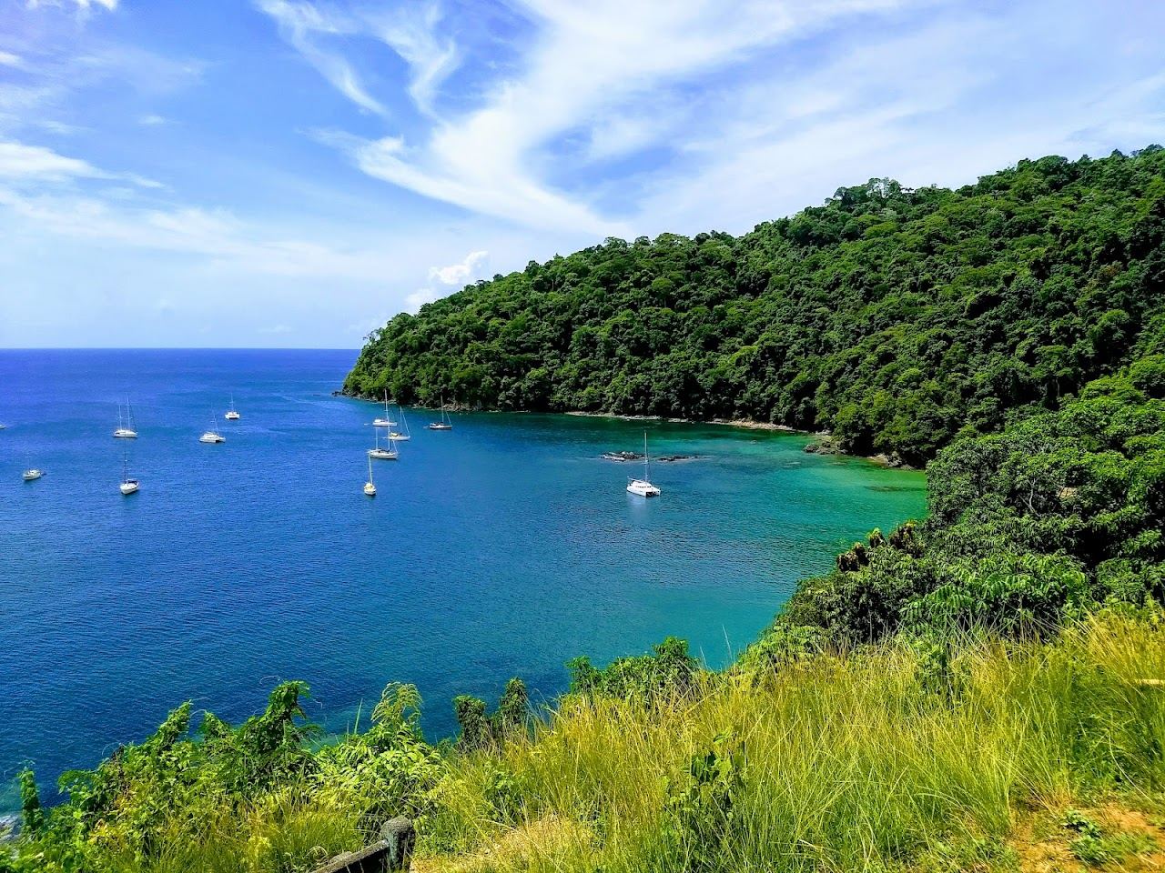 The forest backed horseshoe cove and clear water of Pirates Bay near Charlotteville in Tobago