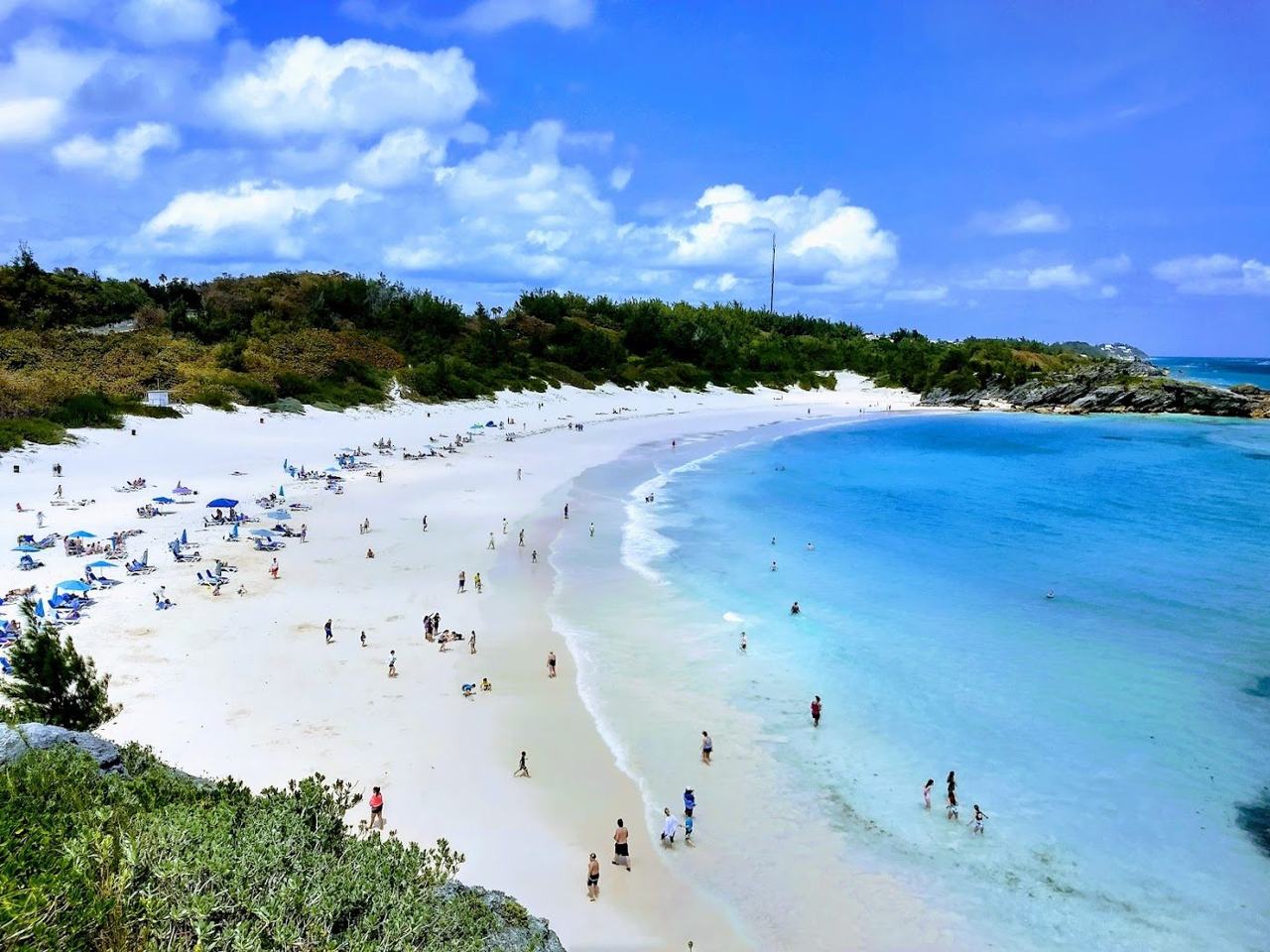 Bermuda's signature curve of pale pink sand and rolling Atlantic surf framed by limestone rock.