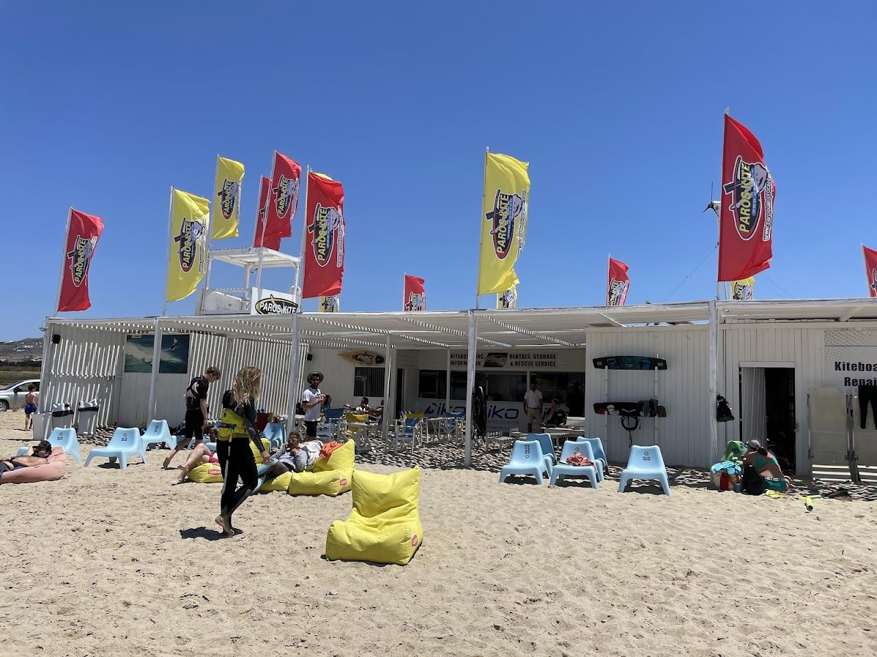 The pool and sunbeds of the Punda Coast beach club on the east coast of Paros