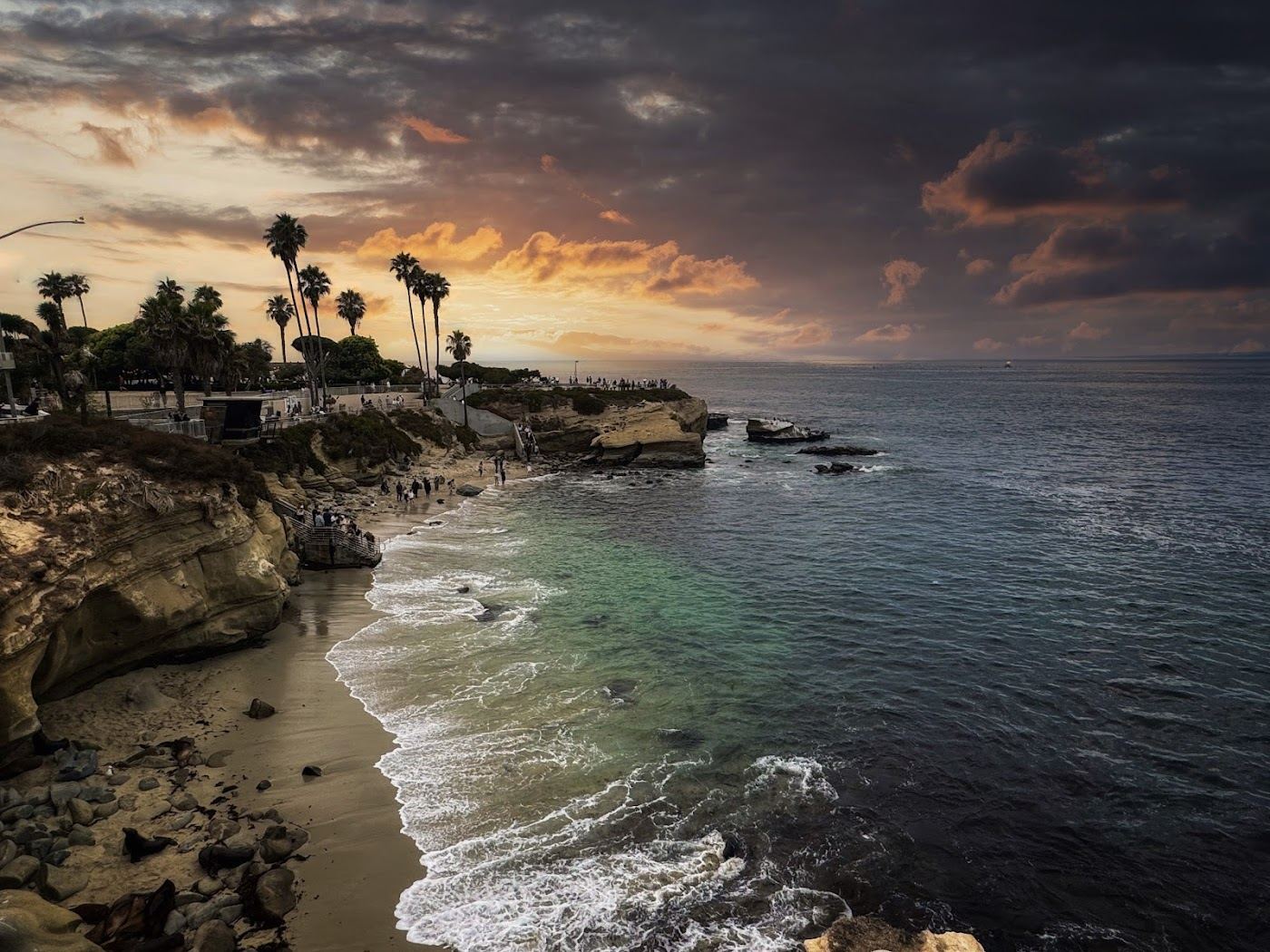Clear water and rocky coves at La Jolla Cove on the San Diego coast.