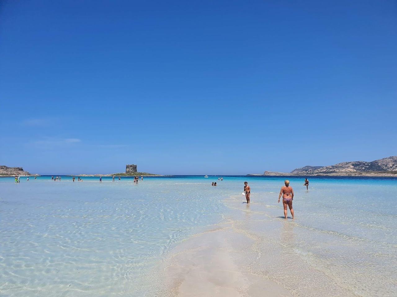 Powder white sand and turquoise shallows at La Pelosa beach near Stintino in Sardinia