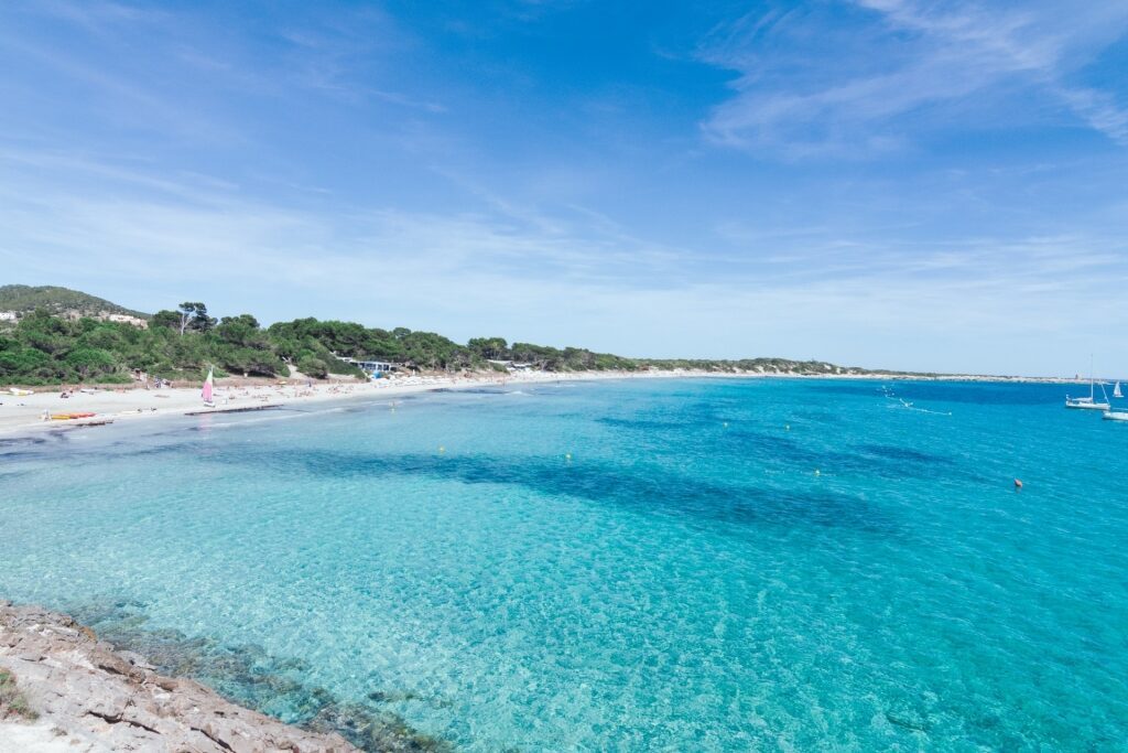 The soft golden sand and clear water of Ses Salines Beach inside the natural park in southern Ibiza