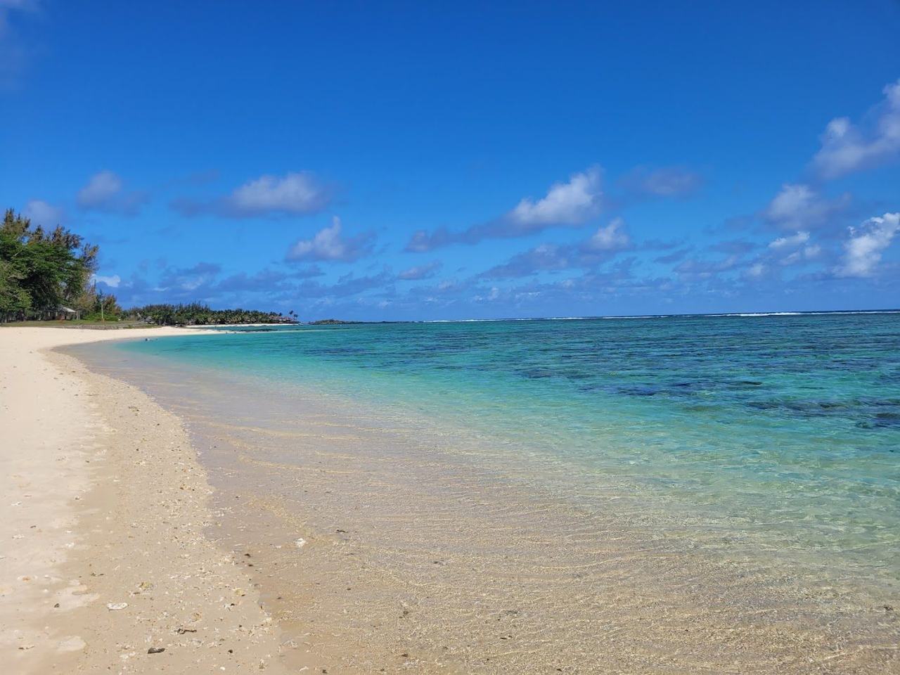 A second view of the golden sand and casuarina trees at Saint Felix in southern Mauritius