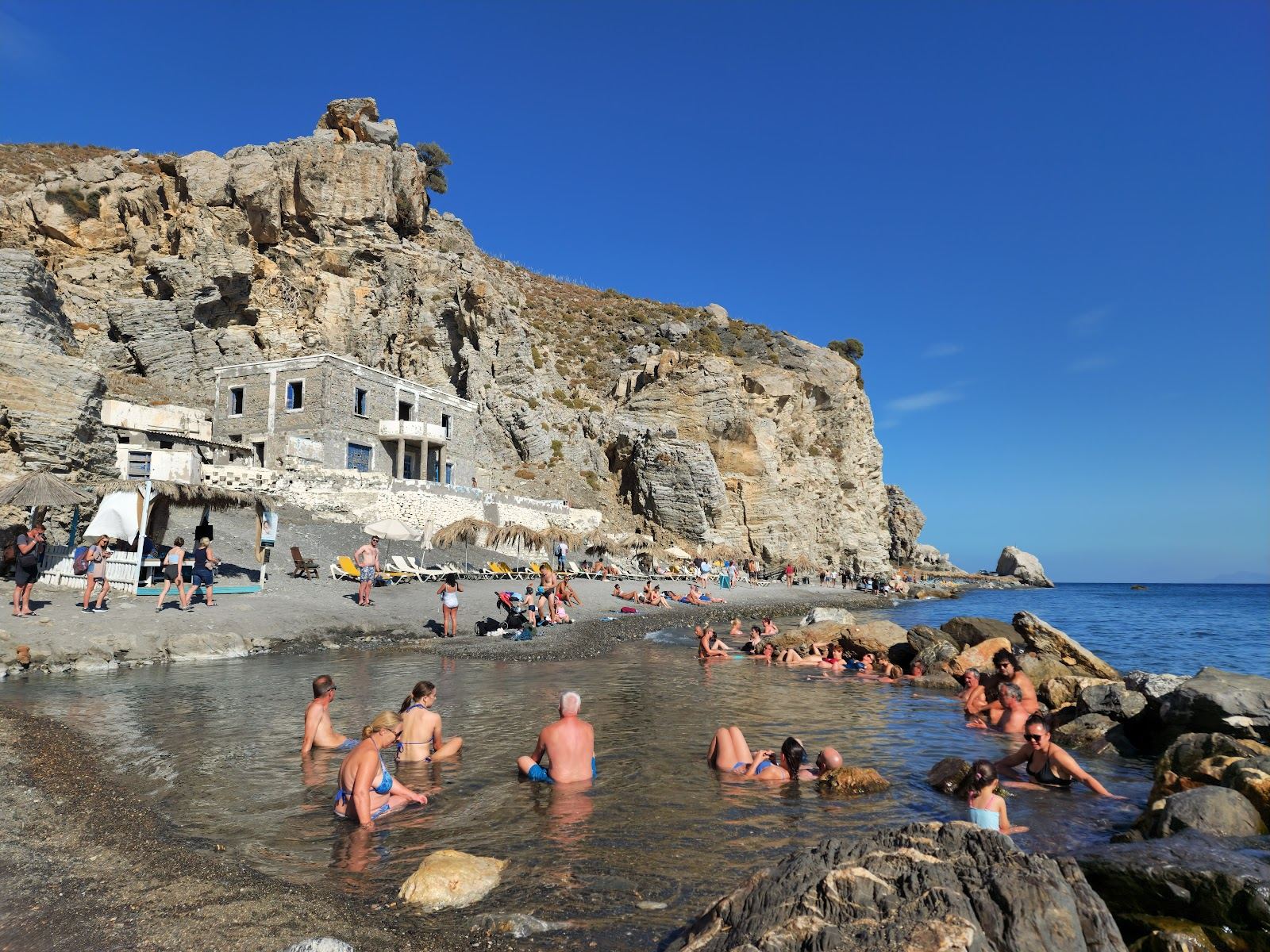 The volcanic pebble shore and thermal rock pool at Therma Beach on the southeast tip of Kos