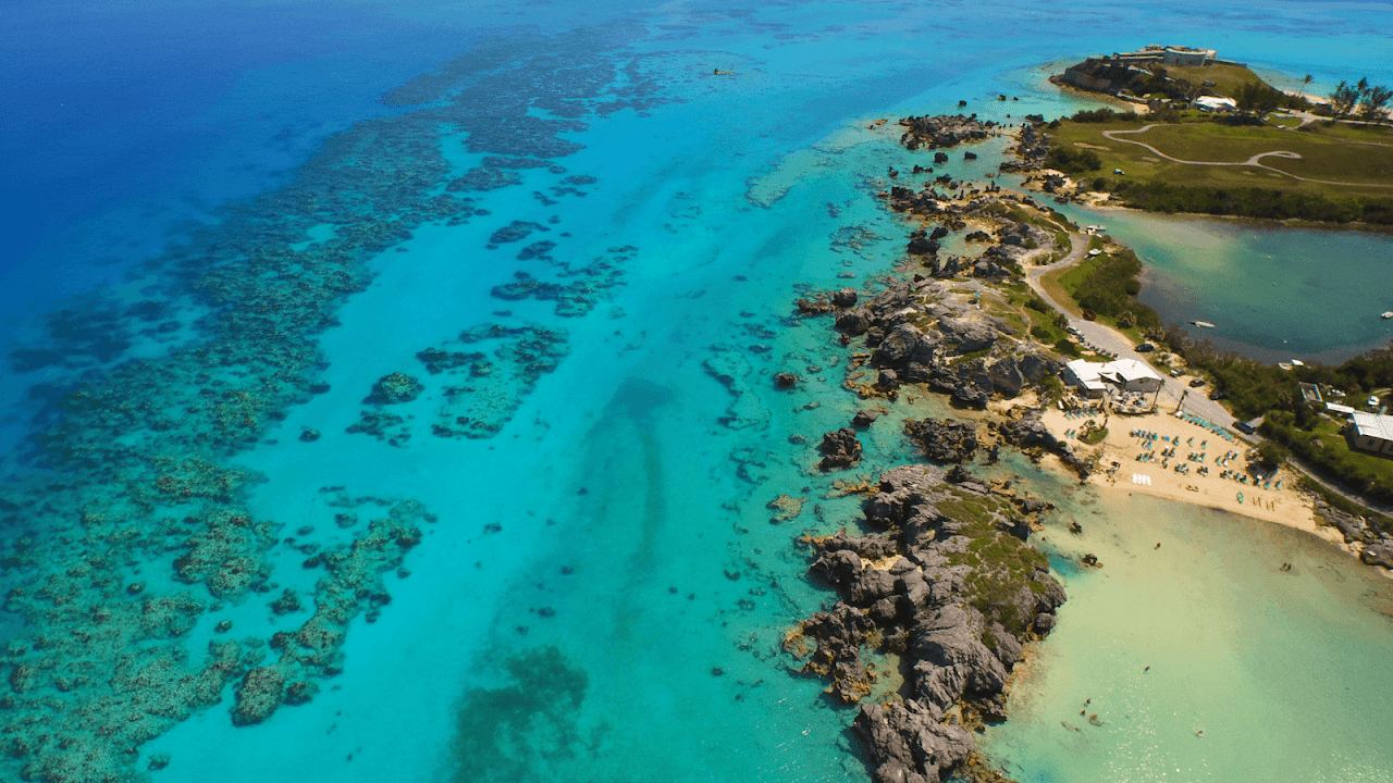 The sheltered cove and limestone stacks of Tobacco Bay near St George's, Bermuda