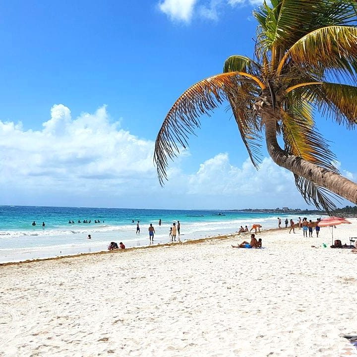 White sand and turquoise Caribbean water at Playa Paraiso in the Tulum hotel zone, Mexico