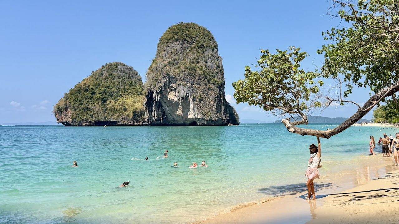Limestone cliffs above the sand at Phra Nang beach near Railay in Krabi Thailand