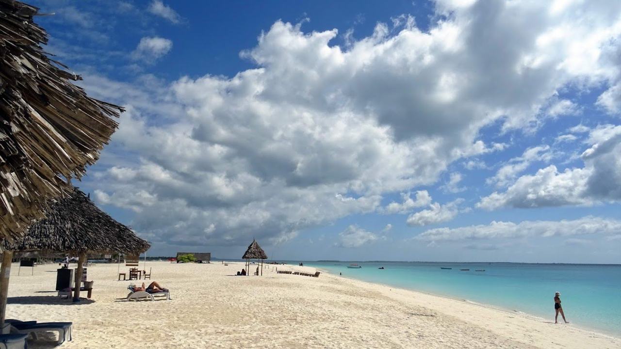 Long white beach and turquoise shallows backed by palms on Zanzibar in Tanzania